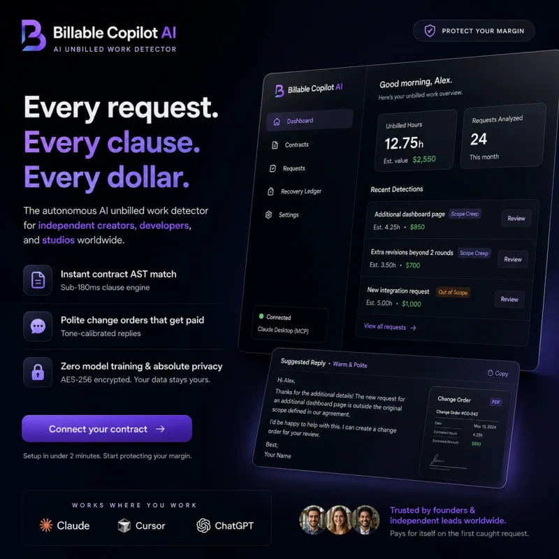 Billable Copilot AI showing unbilled work detection, scope changes, and invoice evidence.