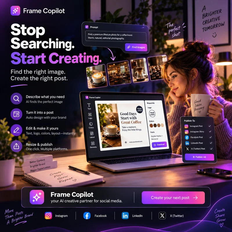 Frame Copilot image search and social post design workspace with its purple visual identity.